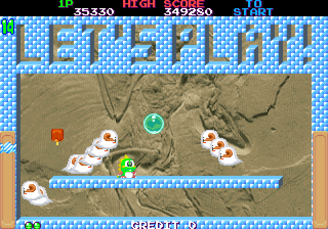 Bubble Memories: The Story of Bubble Bobble III Arcade Screenshot: Let's play! Act quick, ghosts are closing in...