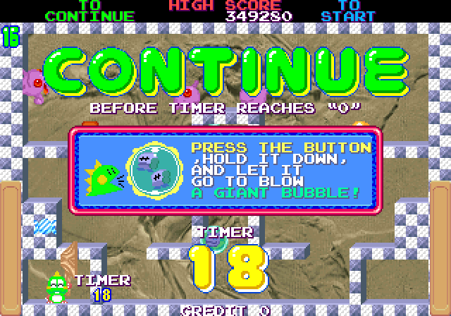 Bubble Memories: The Story of Bubble Bobble III Arcade Screenshot: Game over.