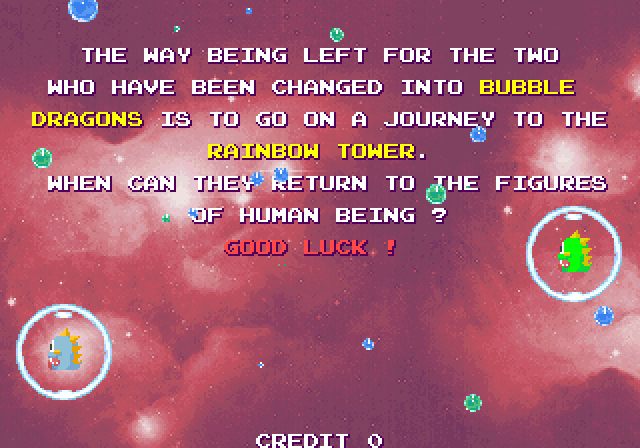 Bubble Memories: The Story of Bubble Bobble III Arcade Screenshot: Game start; good luck!