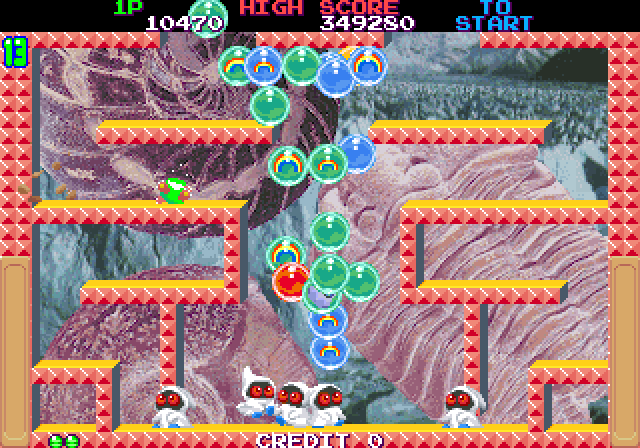Bubble Memories: The Story of Bubble Bobble III Arcade Screenshot: Ack, I'm hit! One life lost...