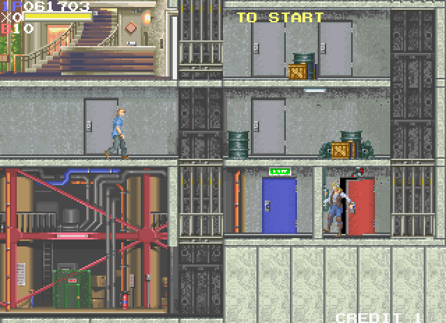 Elevator Action II Arcade Screenshot: Checking out whats behind the first red door...