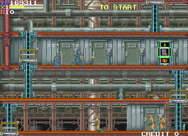Elevator Action II Arcade Screenshot: Picking up items at a blue door...