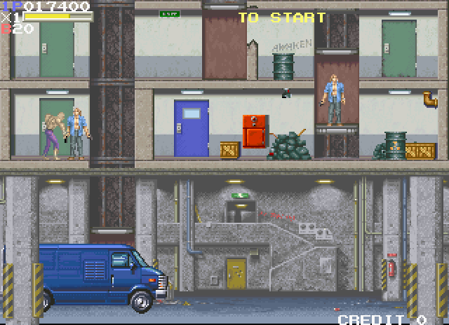 Elevator Action II Arcade Screenshot: Mission complete, a van picks me up...