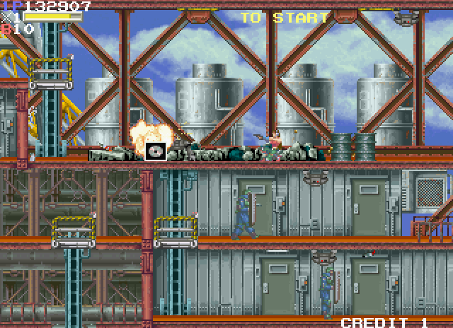 Elevator Action II Arcade Screenshot: Destroying oil drums sometimes reveals a bonus
