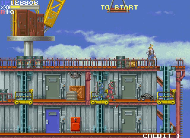 Elevator Action II Arcade Screenshot: Starting out on an oil well.
