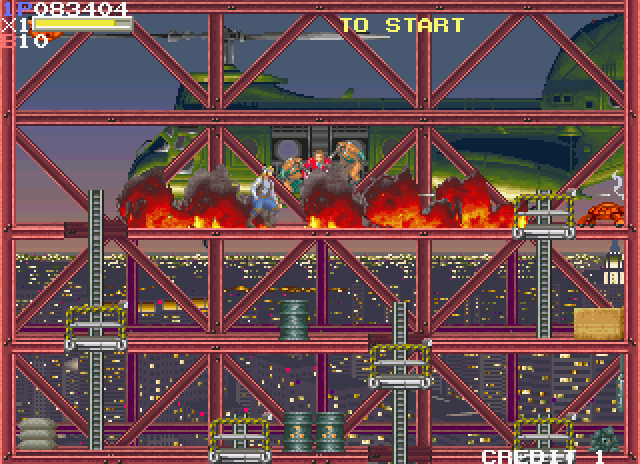 Elevator Action II Arcade Screenshot: Numerous enemies jump out of this helicopter...