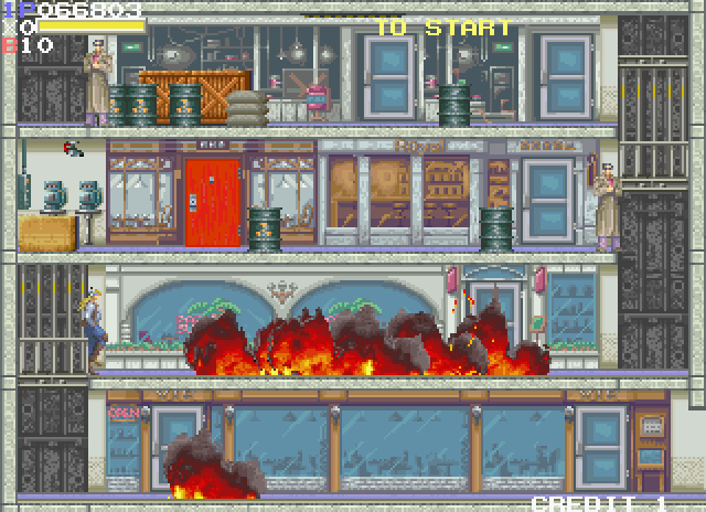 Elevator Action II Arcade Screenshot: Oops, the place caught on fire!