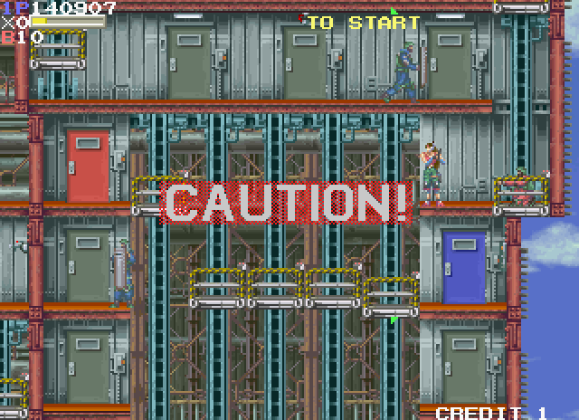 Elevator Action II Arcade Screenshot: Somehow I need to utilize all of these elevators to reach the red door.