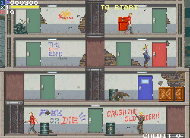 Elevator Action II Arcade Screenshot: Open all of the red doors to complete your objective.