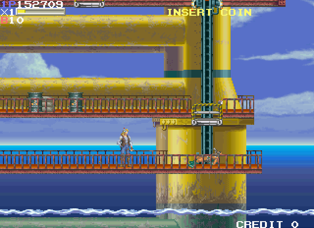 Elevator Action II Arcade Screenshot: The lowest level of the oil rig...
