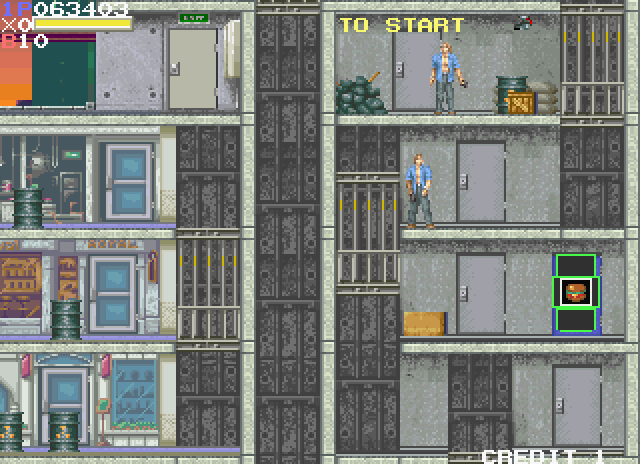 Elevator Action II Arcade Screenshot: Open blue doors for a random bonus.