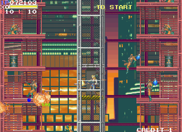 Elevator Action II Arcade Screenshot: Being stuck on a long elevator makes avoiding attacks difficult.