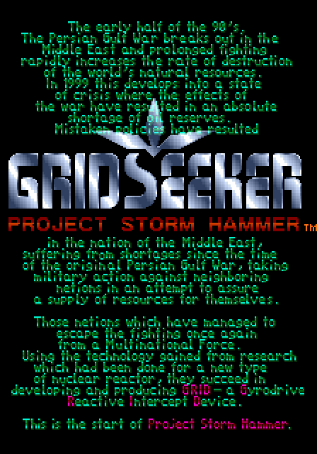 Grid Seeker: Project Storm Hammer Arcade Screenshot: Title and game story.