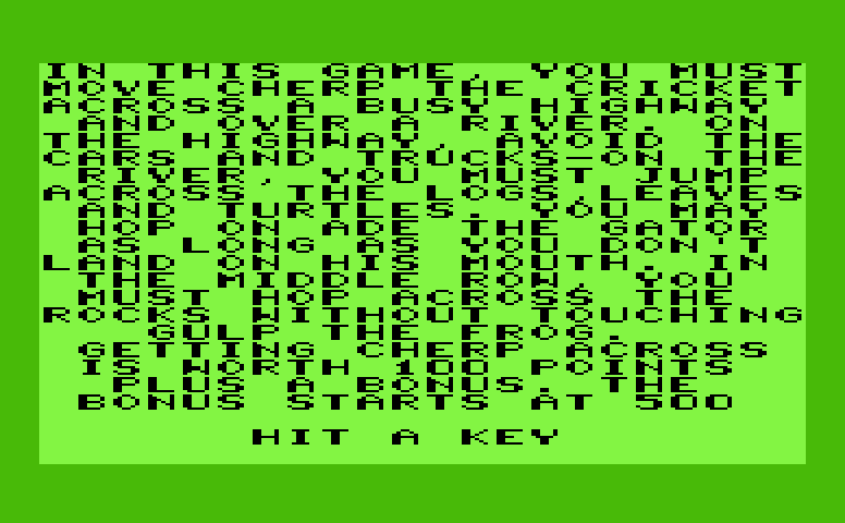 Cricket Commodore VIC-20 Screenshot: Instructions, part 1.