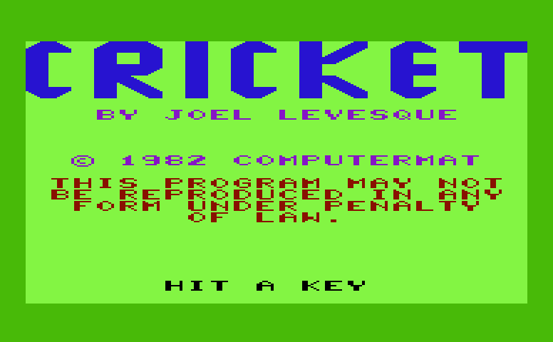 Cricket Commodore VIC-20 Screenshot: Title screen.
