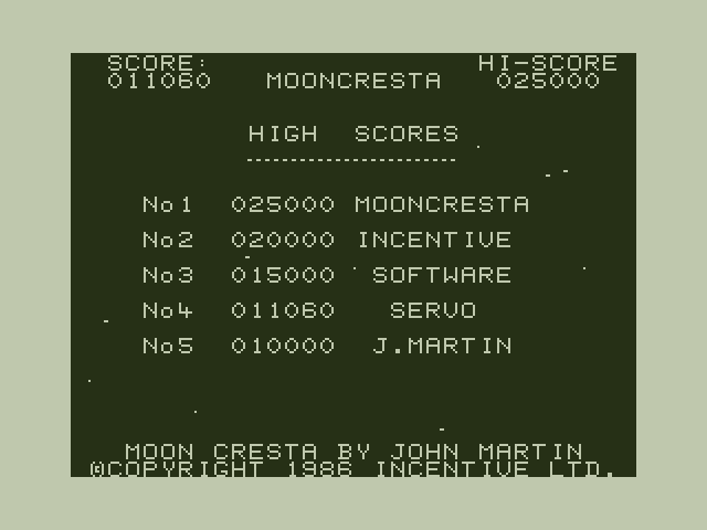 Moon Cresta Dragon 32/64 Screenshot: The high score table.