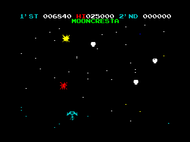 Moon Cresta ZX Spectrum Screenshot: A few enemies destroyed, more to go...