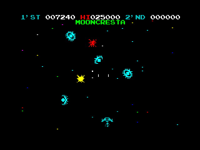 Moon Cresta ZX Spectrum Screenshot: The enemy patterns repeat now with greater difficulty...