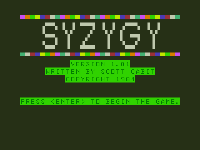 Syzygy Dragon 32/64 Screenshot: Title screen (the game name flashes different colors).