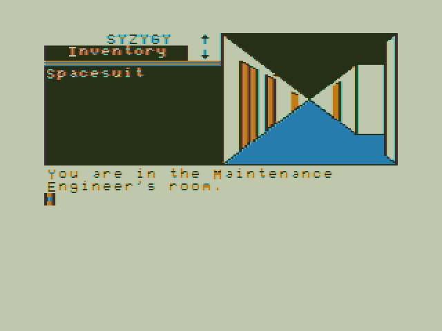 Syzygy TRS-80 Color Computer Screenshot: A long hallway with lots of doors to explore...