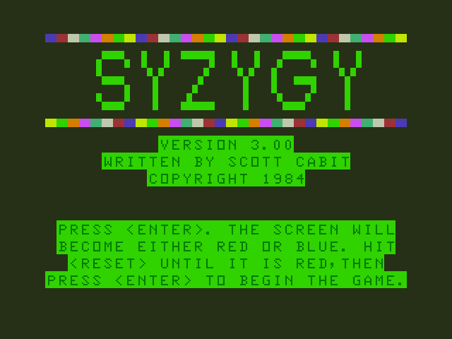 Syzygy TRS-80 Color Computer Screenshot: The CoCo version of the game has a calibration screen so the correct colors are displayed.