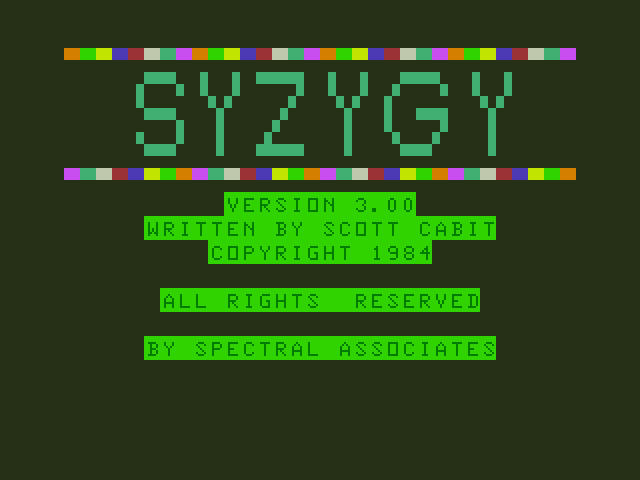 Syzygy TRS-80 Color Computer Screenshot: Title screen.