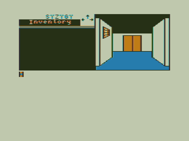 Syzygy TRS-80 Color Computer Screenshot: Exploring the corridors...
