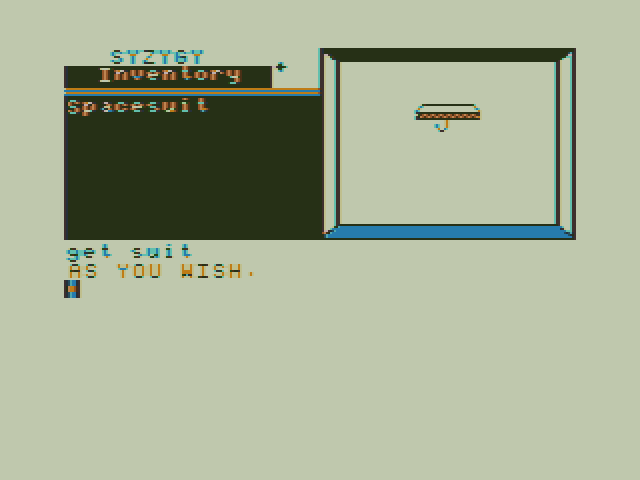 Syzygy TRS-80 Color Computer Screenshot: Taking a space suit...