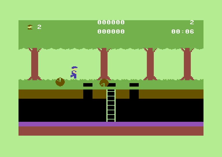 Trapfall Commodore 64 Screenshot: Jumping over rolling logs...