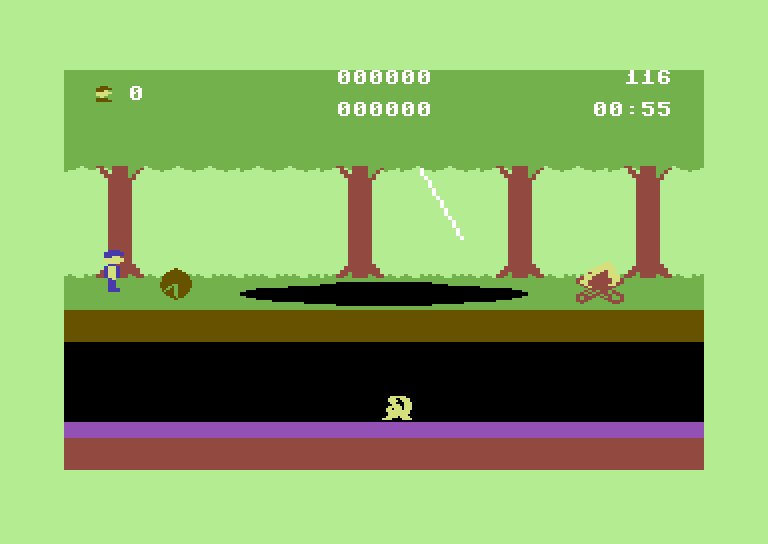 Trapfall Commodore 64 Screenshot: Logs knock you backwards, but the pits and fires are deadly.