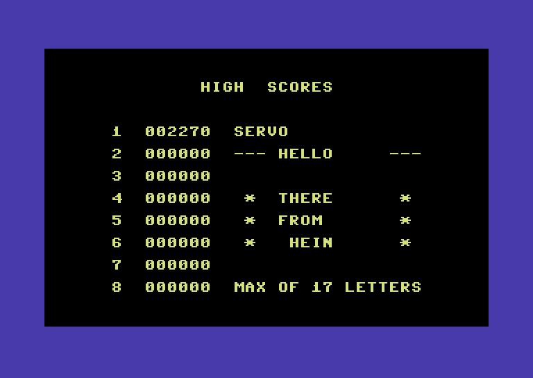 Trapfall Commodore 64 Screenshot: The high score table.