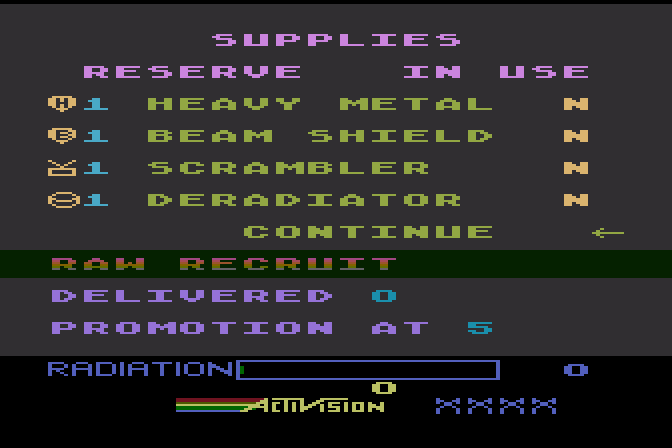 Pastfinder Atari 8-bit Screenshot: Select a few supplies before you head out on a mission...