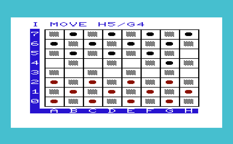 Kiddie Checkers Commodore VIC-20 Screenshot: The game begins and the computer makes the first move...