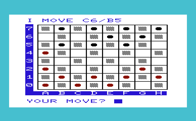 Kiddie Checkers Commodore VIC-20 Screenshot: Game in progress; what should I do next?