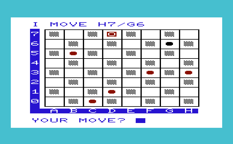 Kiddie Checkers Commodore VIC-20 Screenshot: The computer has only one piece left...
