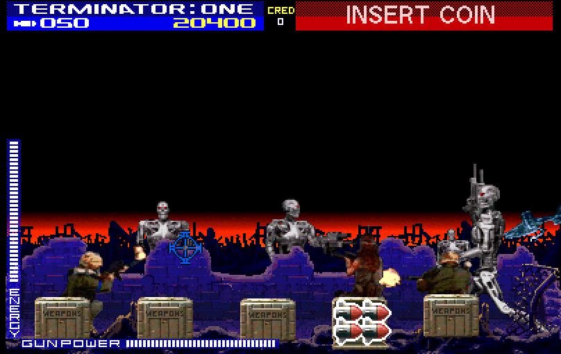 Terminator 2: Judgment Day Arcade Screenshot: Shoot terminators, but not humans!