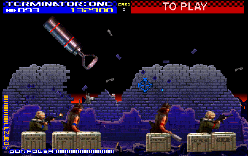 Terminator 2: Judgment Day Arcade Screenshot: Shoot the incoming weapons before they explode!