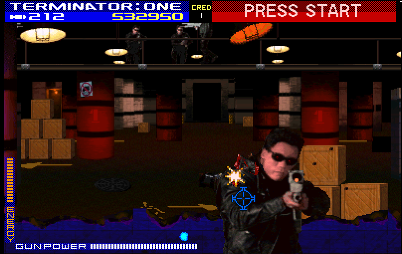 Terminator 2: Judgment Day Arcade Screenshot: Shooting at a terminator...
