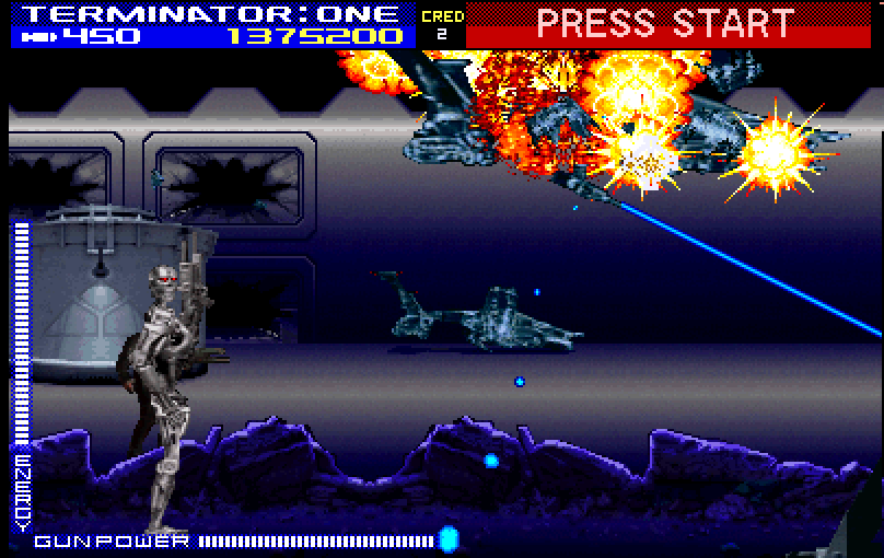 Terminator 2: Judgment Day Arcade Screenshot: One flying enemy down...more to go!