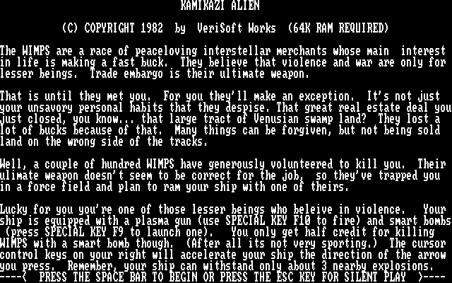 Kamikazi Alien IBM PC/Compatibles Screenshot: Title screen and game instructions.