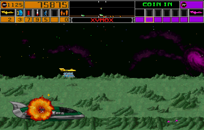 Strike Force Arcade Screenshot: Bombing a large ship.