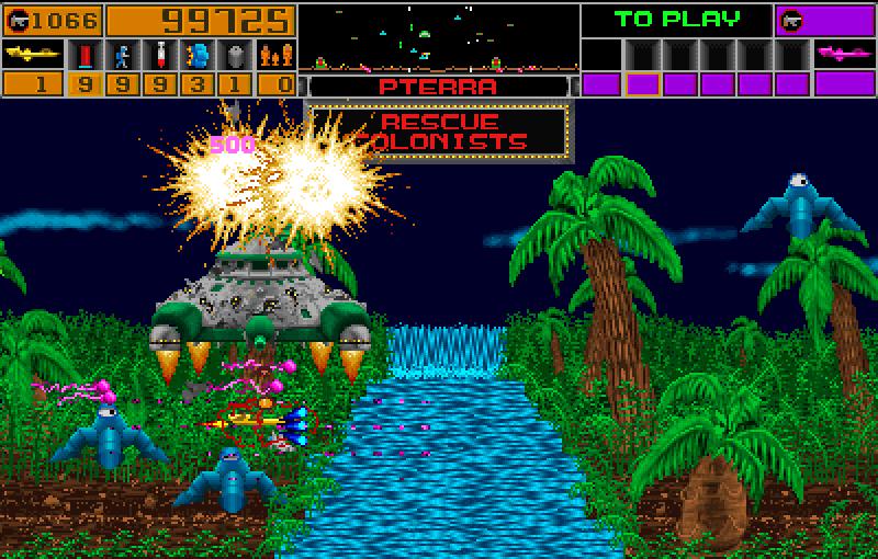 Strike Force Arcade Screenshot: Arriving in the jungle with a large saucer attacking.