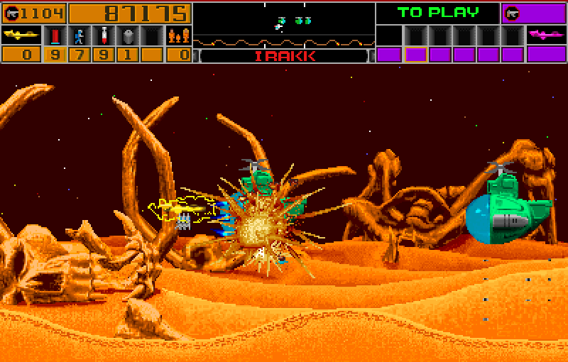 Strike Force Arcade Screenshot: This desert landscape has more of those flying submarines getting in the way...