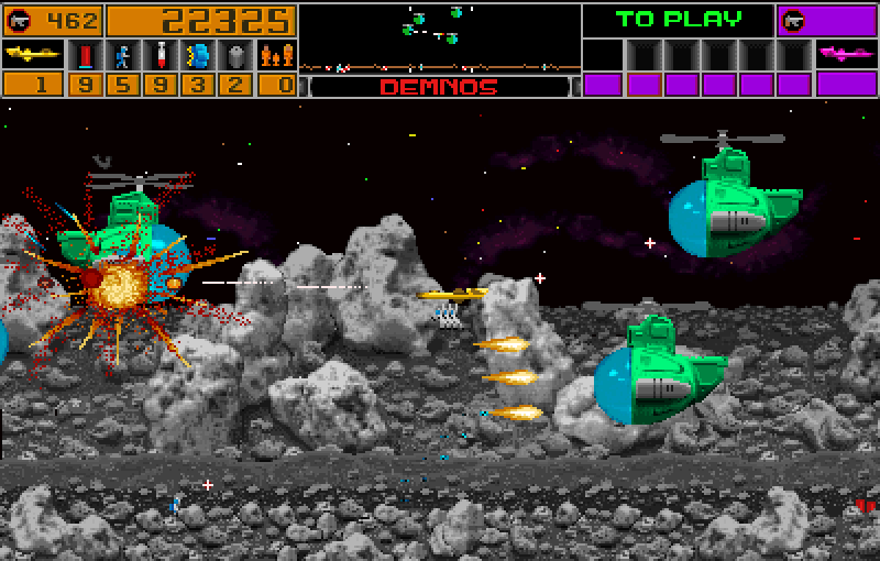 Strike Force Arcade Screenshot: What look like flying submarines are attacking!
