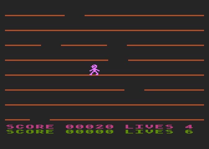 Jumping Jack Atari 8-bit Screenshot: Wait for a gap in the platforms to jump up to the next level...