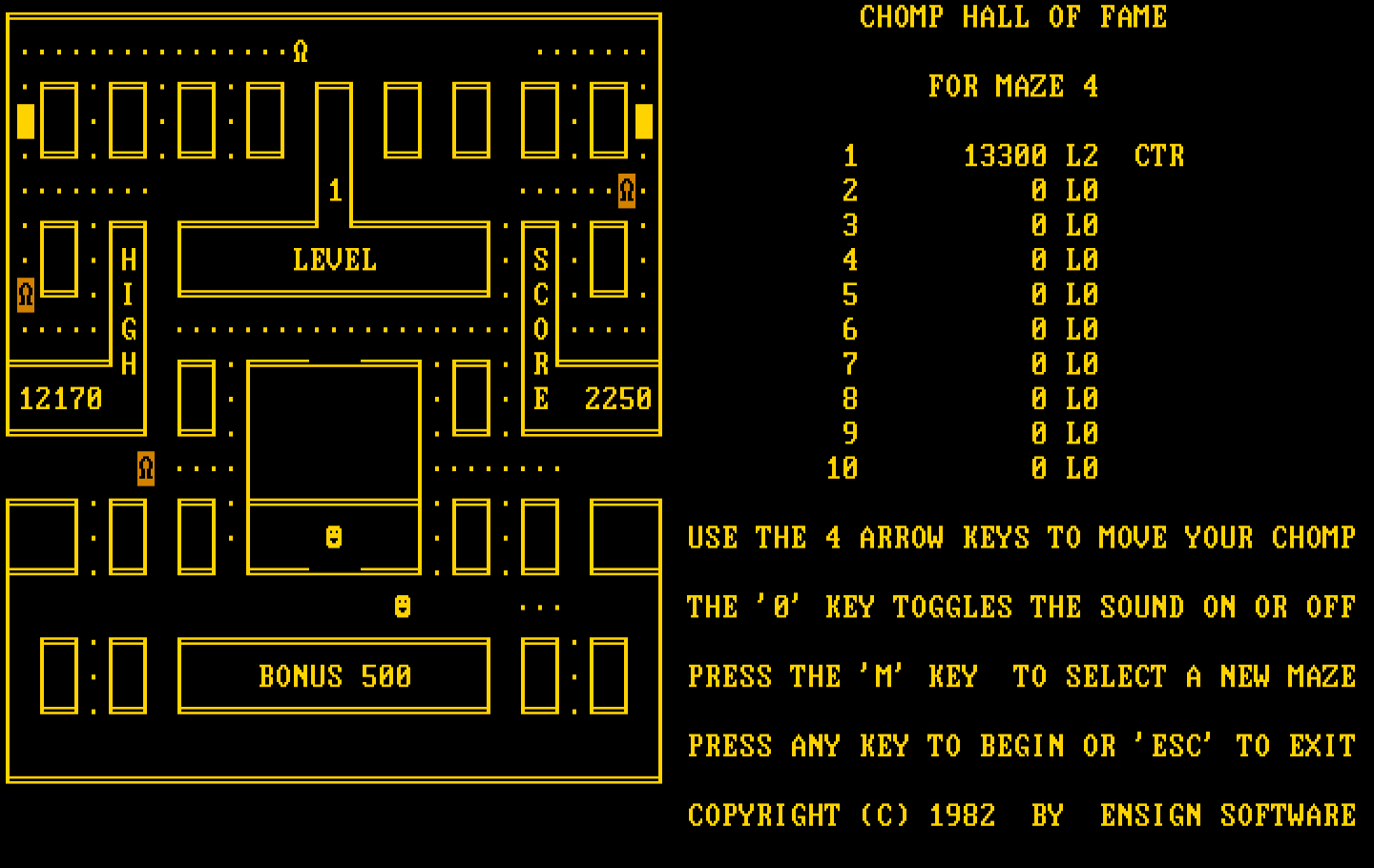 Chomps IBM PC/Compatibles Screenshot: Trying to clear all of the dots...