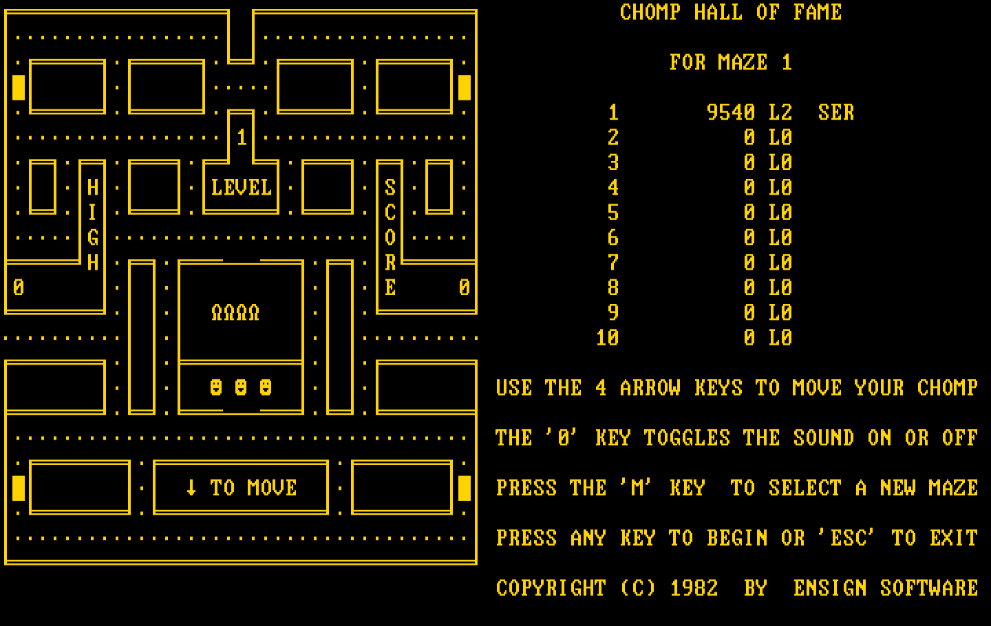 Chomps IBM PC/Compatibles Screenshot: The instructions and game board are side by side in the monochrome version.