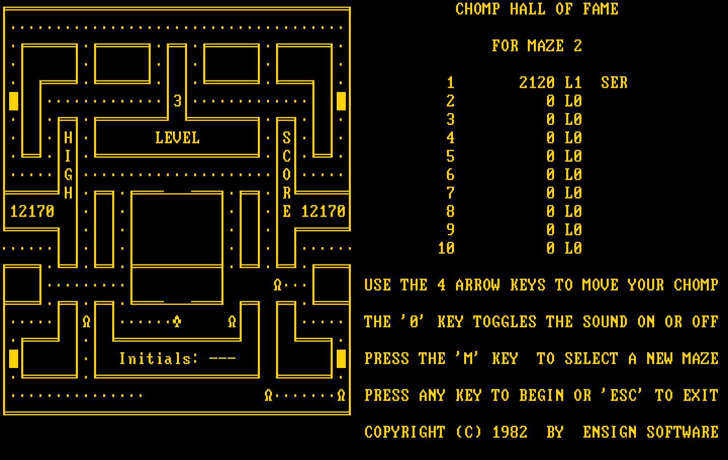 Chomps IBM PC/Compatibles Screenshot: Game over; enter your initials for the high scores!