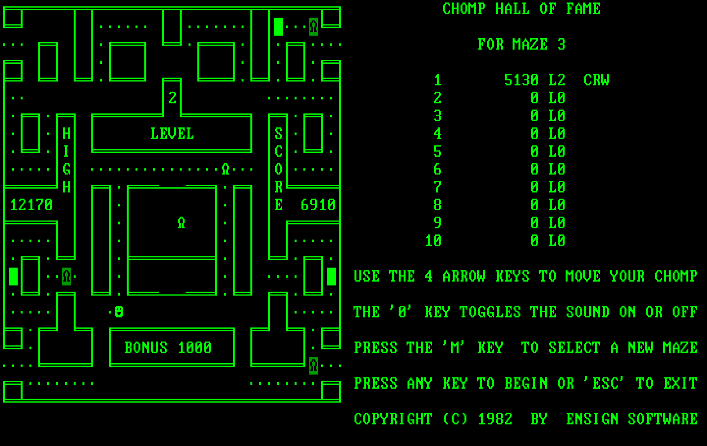 Chomps IBM PC/Compatibles Screenshot: 1000 point bonus for picking up an item!