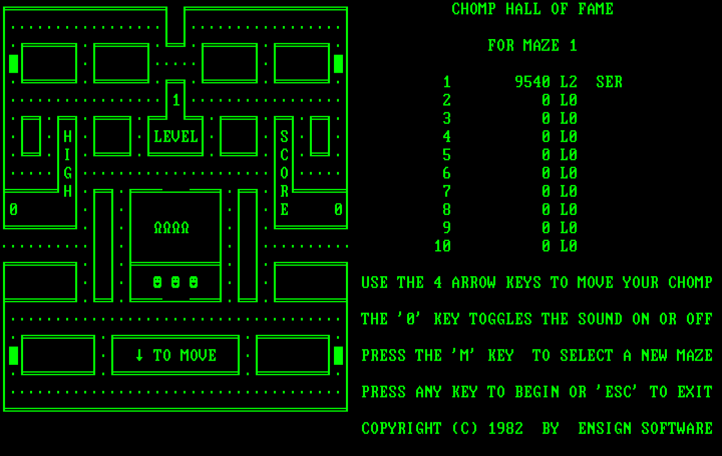 Chomps IBM PC/Compatibles Screenshot: The instructions and game board are side by side in the monochrome version.